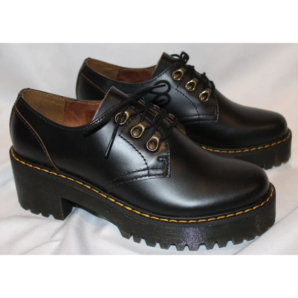 Dr Martens Women LEONA Low Black Platform Shoes Oxford Size